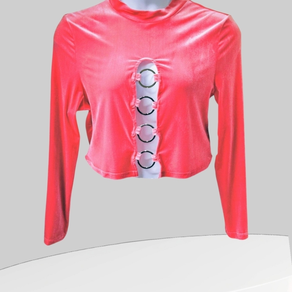 SHEIN CURV High Neck LongSleeve Cropped Pink Velvet Front Embellished O-Ring Top
